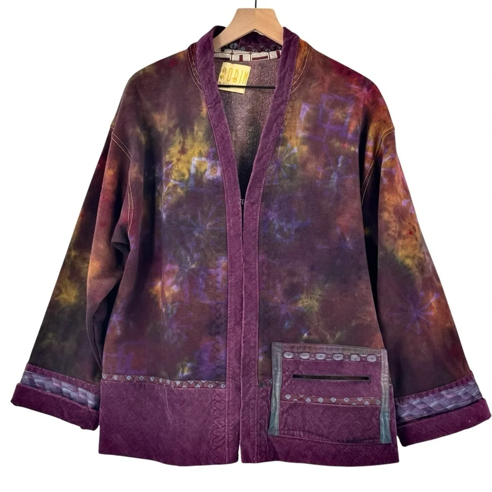 Handmade Tie Dye Lagenlook Cardigan Sweatshirt Kimono Jacket Cord Trim | XL/XXL